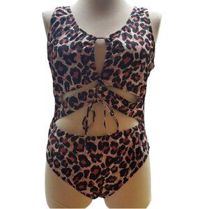 SHEIN Leopard Print Cut Out One Piece Swimsuit with Tie Detail Plus Size 1XL